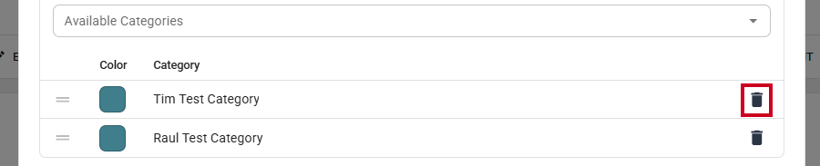 The Delete Option button for an example category.