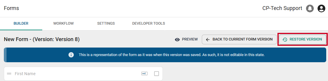 A gray, rectangular Restore Version button below the User Menu.