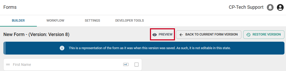 A gray Preview button with an eyeball icon to the right of the form name.