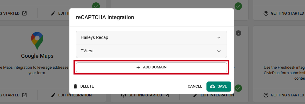The white, rectangular Add Domain button below existing domains on the reCAPTCHA Integration popup.
