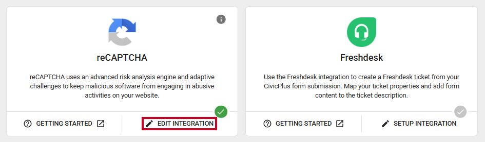 The Edit Integration option on the reCAPTCHA integration card.
