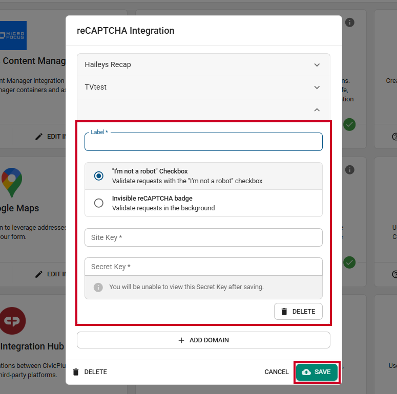 The Add Domain credential fields.