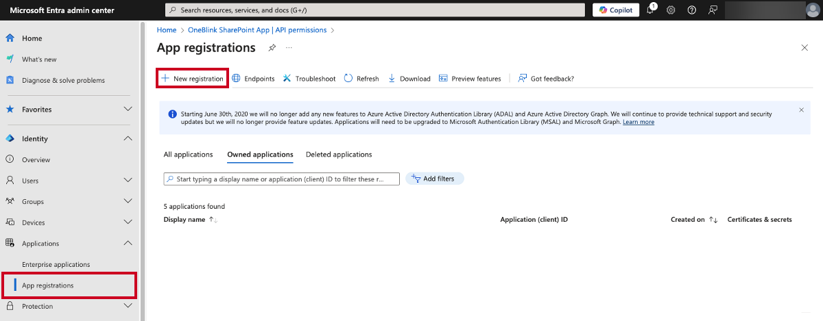 The App Registrations option in the Entra Admin Center navigation menu and the New Registration button.