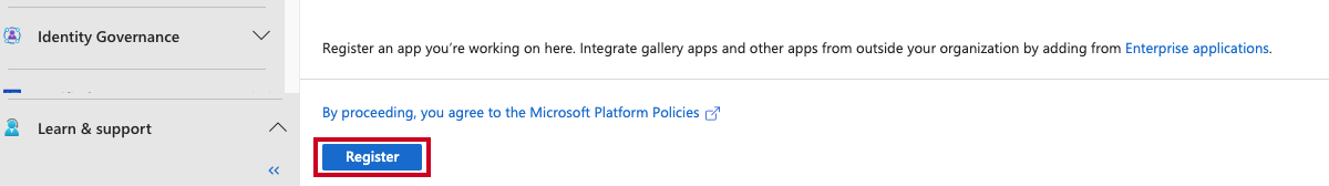 A Register button in the lower-left corner of the Register an application page.
