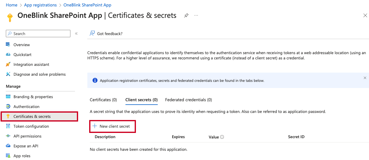 The Certificates and Secrets option in the Manage navigation menu and the New client secret button.