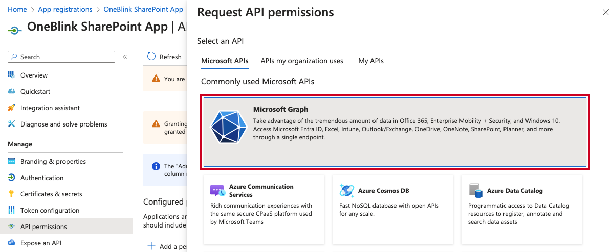 The Microsoft Graph option on the Request API permissions flyout.