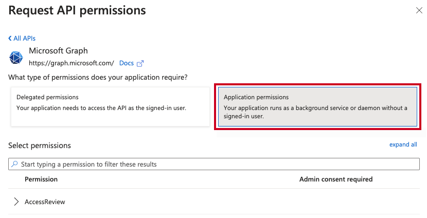 The Application permissions box.