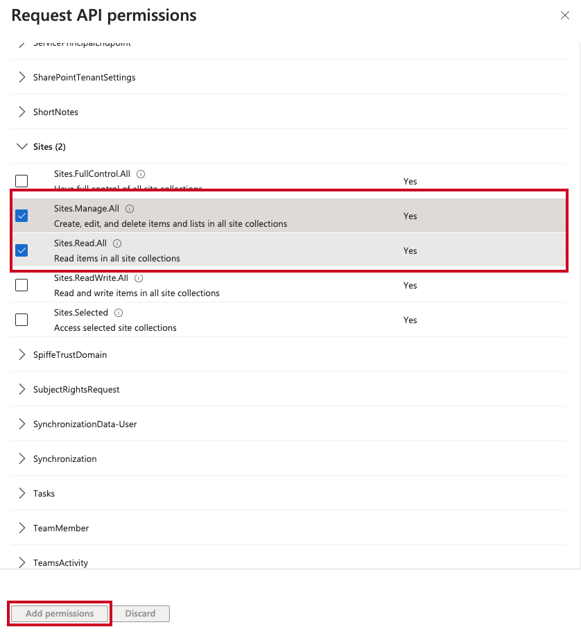 The Sites.Manage.All and Sites.Read.All options under the Sites dropdown and the Add permissions button.