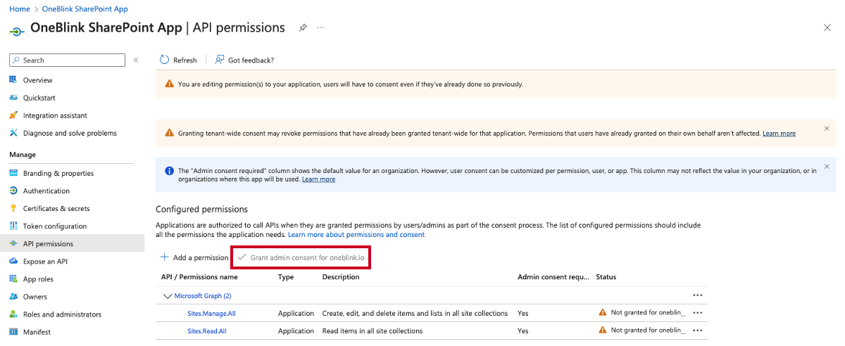 The Grant admin consent button.