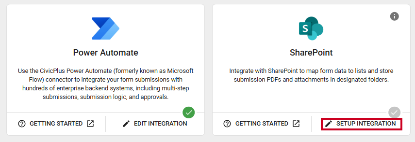 The Setup Integration button on the SharePoint integration card.