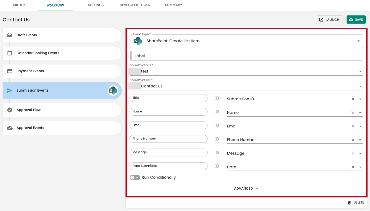 An example SharePoint: Create Item List workflow.