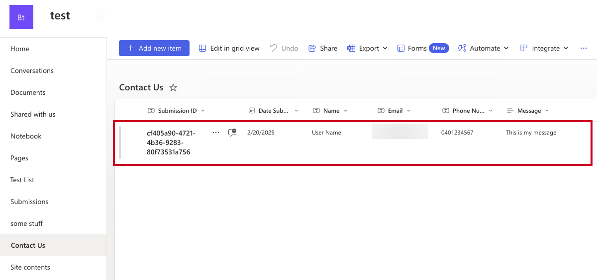 An example form submission in SharePoint.