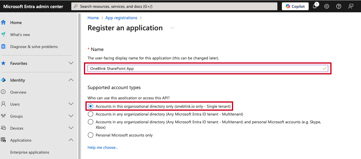 The Name field and the Single tenant radio button under the Supported account types section.