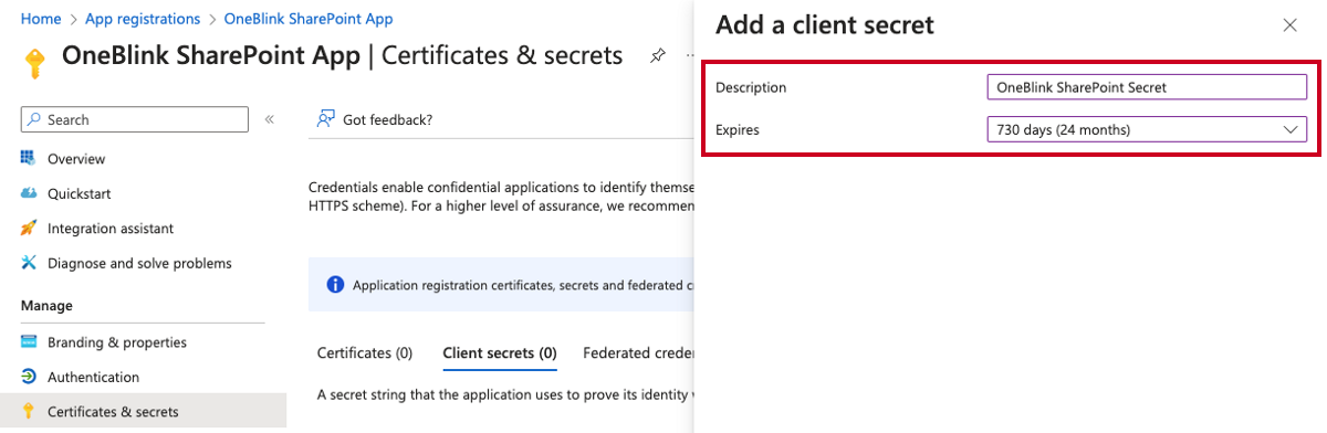 The Description and Expires fields on the Add a client secret flyout.