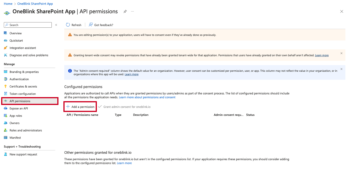 The API permissions option in the Manage navigation menu and the Add a permission button.