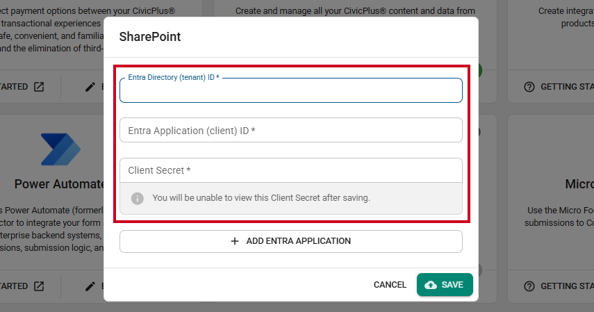 The credentials fields on the SharePoint integration modal.