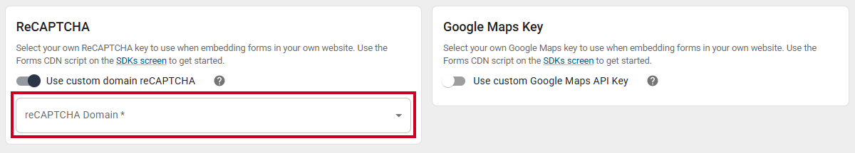 The ReCAPTCHA Domain dropdown field.