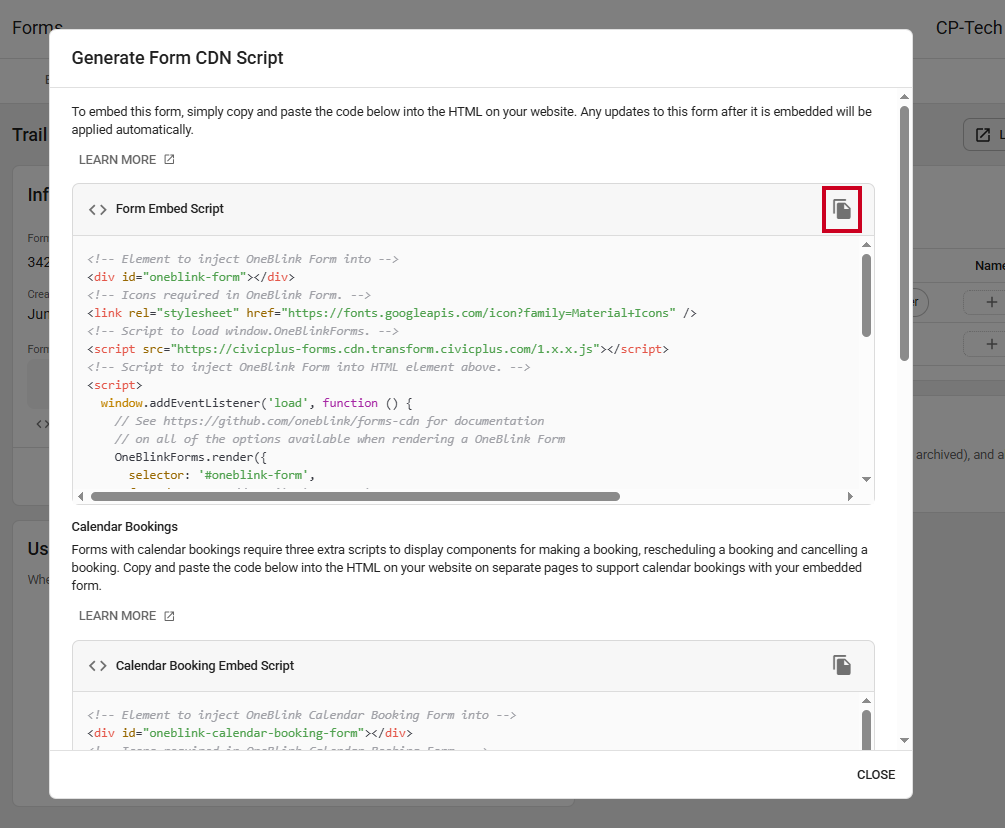 The Form Embed Script Copy to Clipboard button.