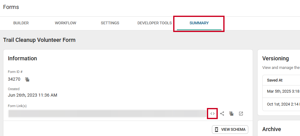 The Forms Summary tab and an Embed Form button.