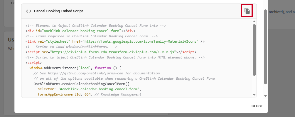 The Cancel Booking Embed Script Copy to Clipboard button.