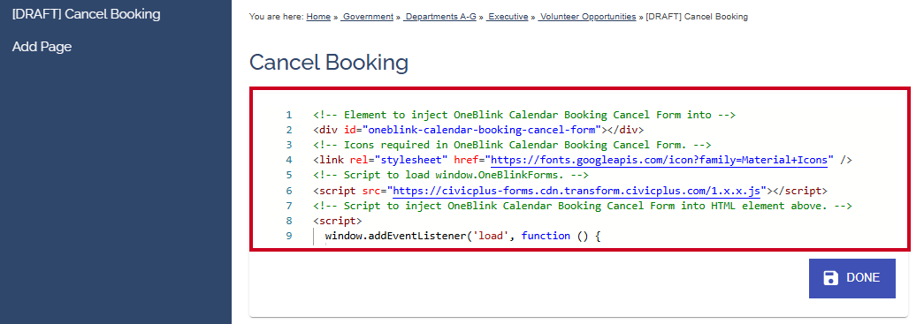 The Cancel Booking script copied onto an example webpage.