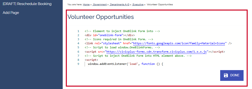 An example webpage with the Form Embed script copied onto it.