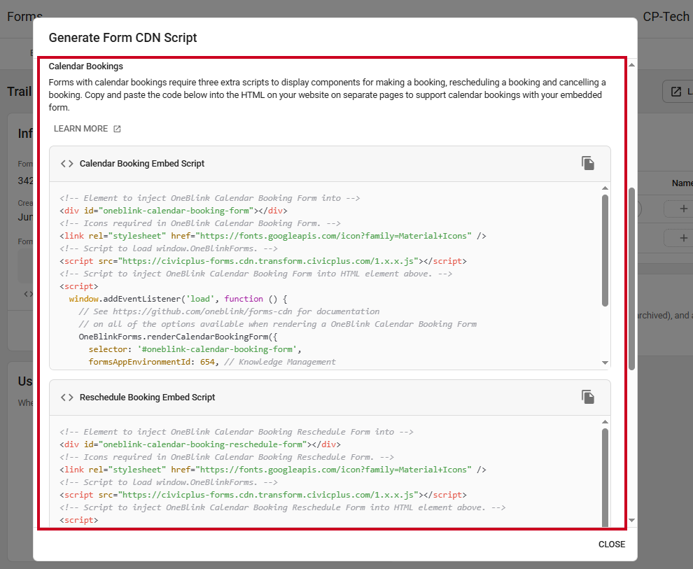 The Calendar Bookings section of the Generate Form CDN Script modal.