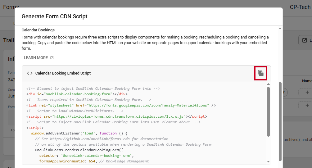 The Calendar Booking Embed Script Copy to Clipboard button.