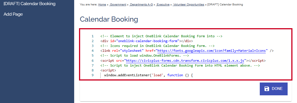 The Calendar Booking script copied onto an example webpage.