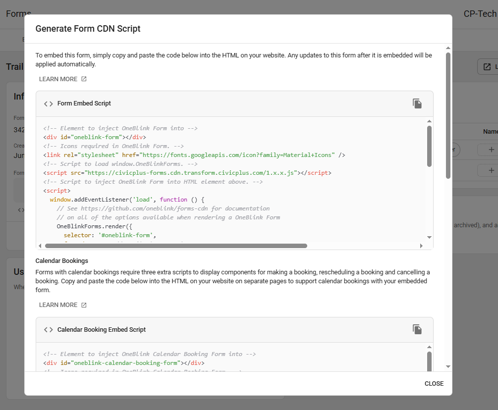 The Generate Form CDN Script modal.