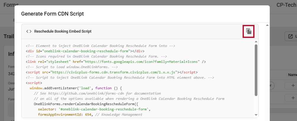 The Reschedule Booking Embed Script Copy to Clipboard button.