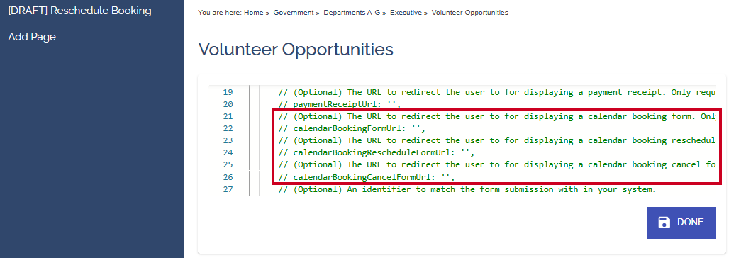 The Calendar. Reschedule, and Cancel Booking Embed Script lines on an example webpage.