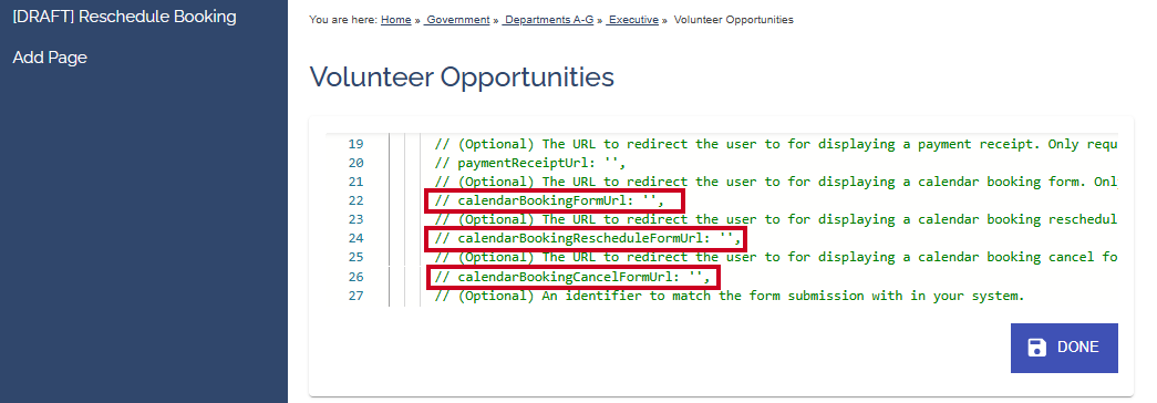 The calendarBookingFormUrl, calendarBookingRescheduleFormUrl, and calendarBookingCancelFormUrl lines on an example webpage.