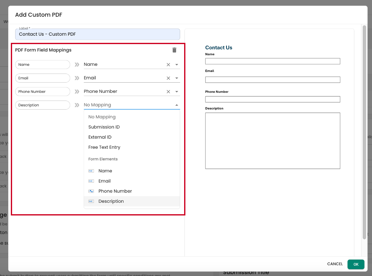 The PDF Form Field Mappings options on the Add Custom PDF modal.