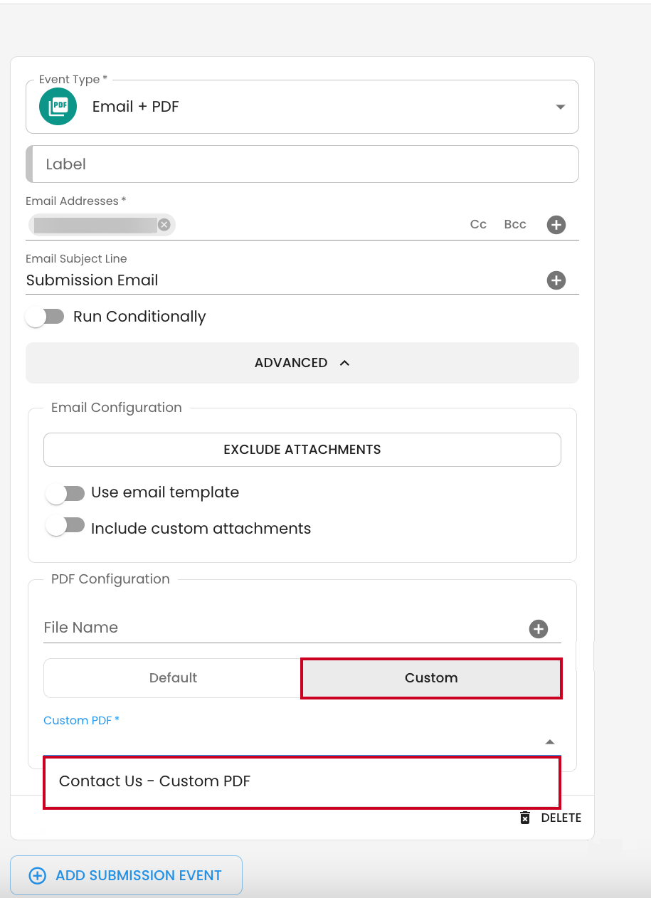 The 'Custom' PDF Configuration tab and an example file in the Custom PDF dropdown.