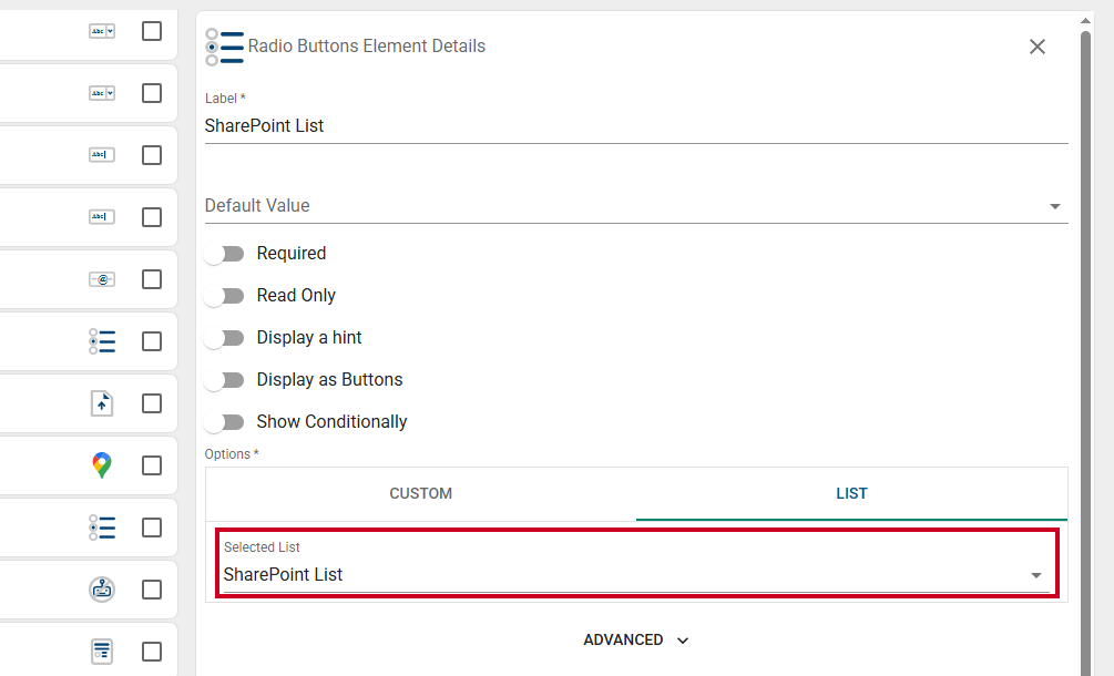 SharePoint list on form.