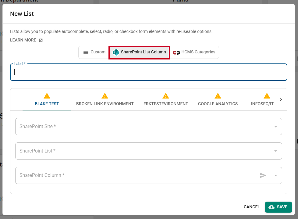 SharePoint List Column fields.
