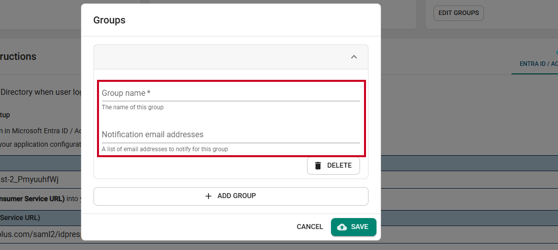 Group name and email address fields.