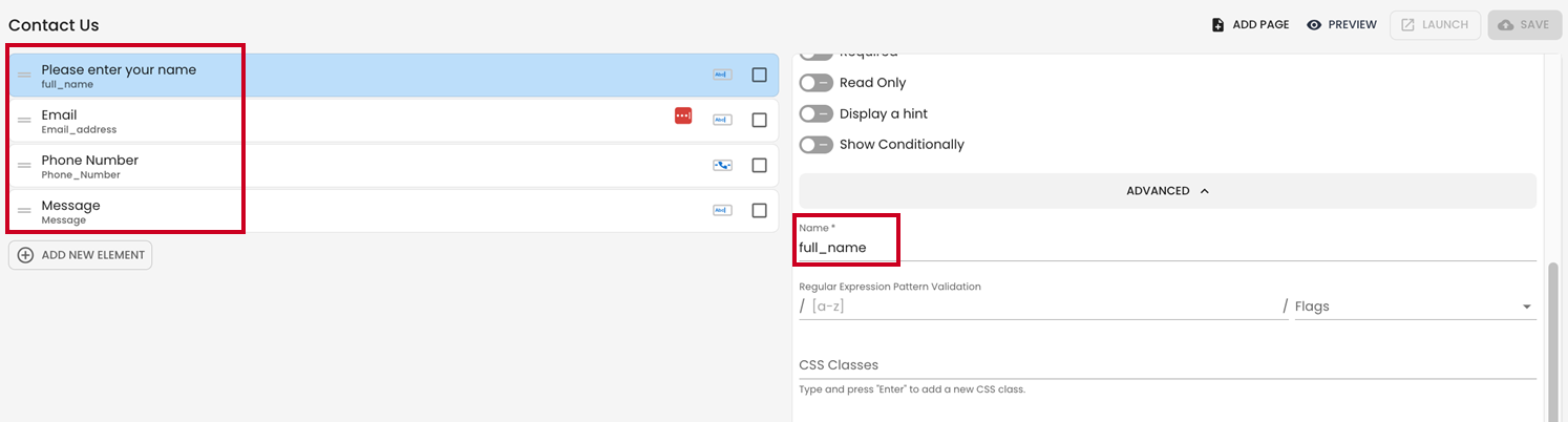 Form elements for CSV columns.