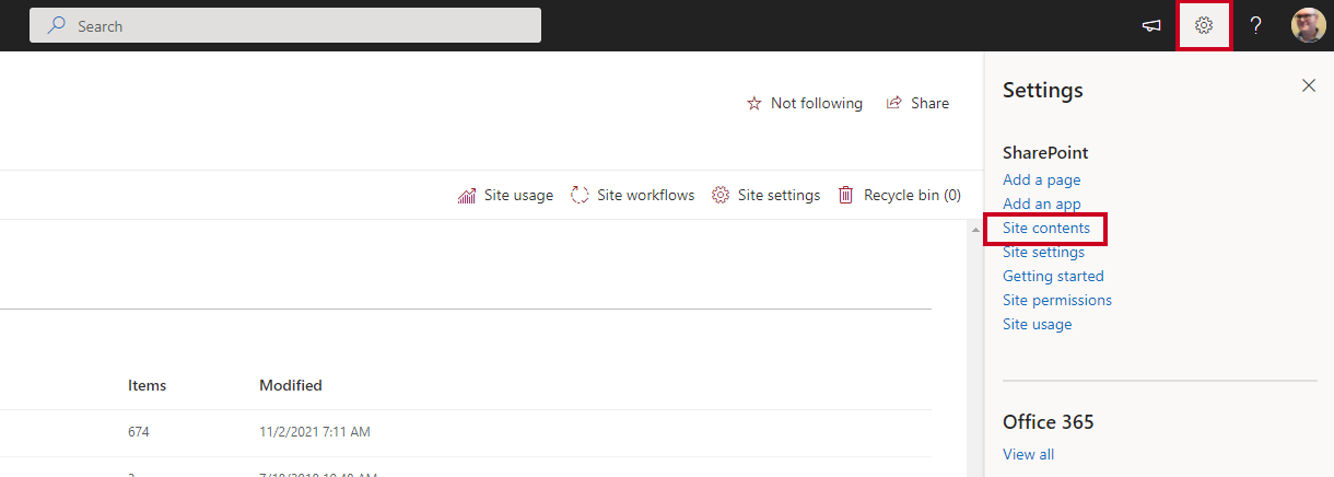 Settings menu, Site Contents.