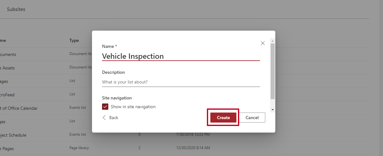 Create button.