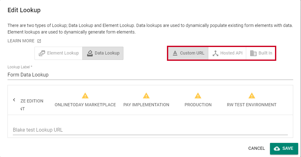 lookups custom url, hosted API, built in