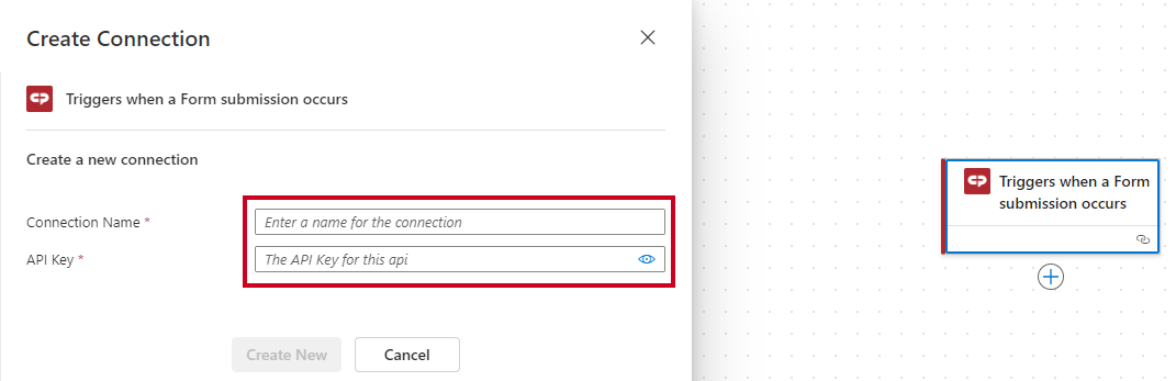 connection name and application programming interface key.