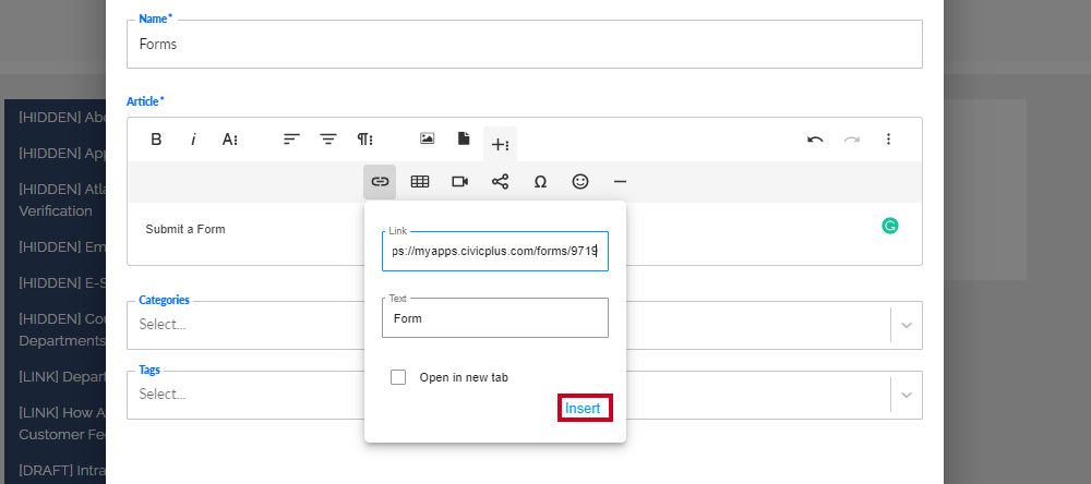 The Insert Link tool's insert button