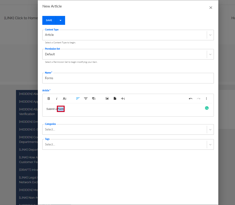 The word form is highlighted in CivicEngage Evolve's new article window