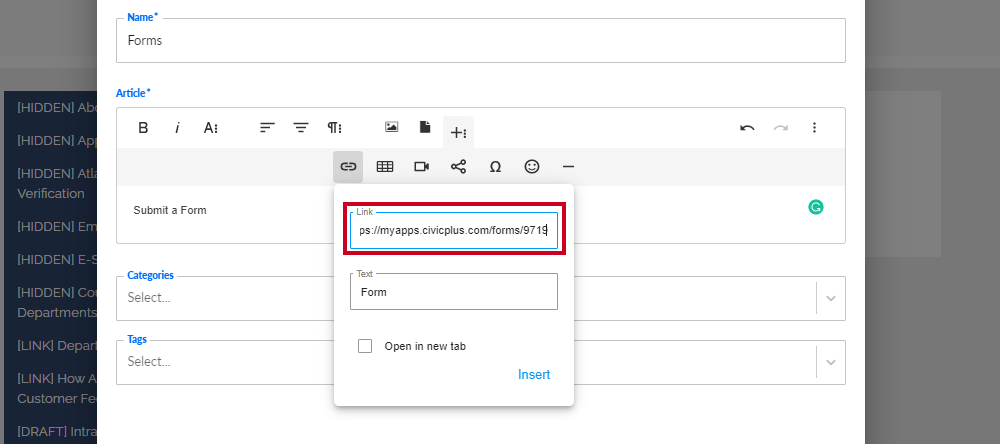 The Insert Link tool's URL text field