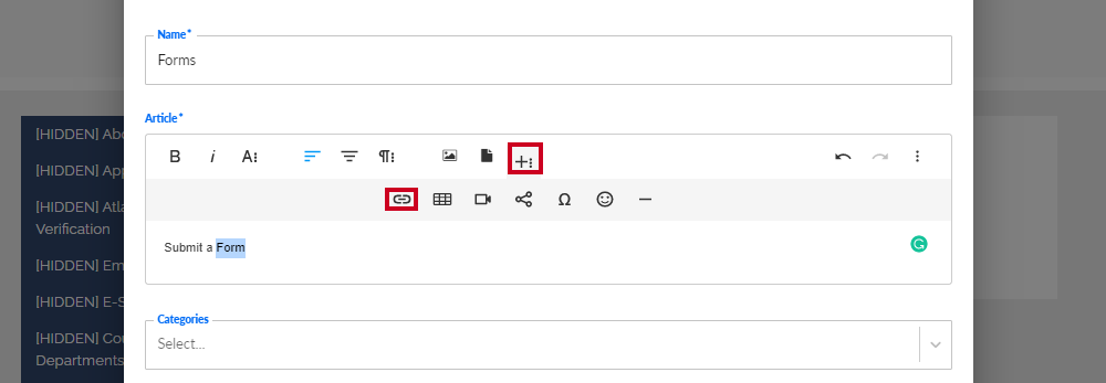 The text editor's More Rich menu and its Insert Link tool