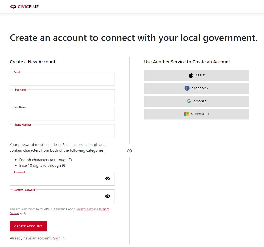 create a new CivicPlus account screen