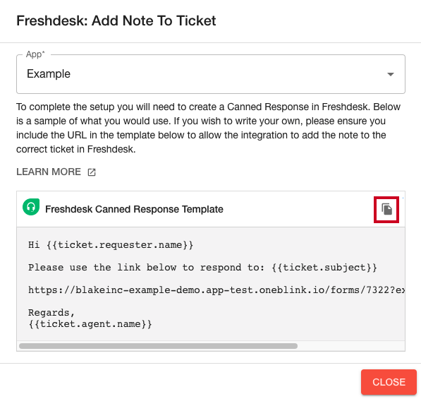 Copy icon next to Freshdesk Response Template.
