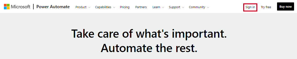 Power Automate website, sign in button.